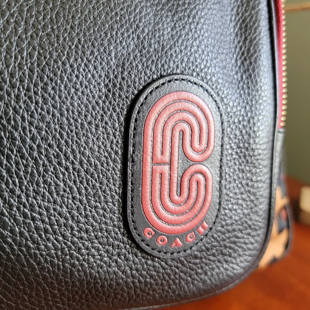 Coach C5668 Court Leopard Print Nylon Tote Pebbled Leather Black Tan Bag